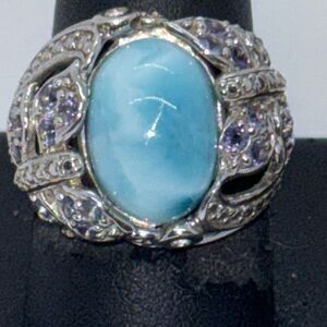 925 Silver Larimer CZ & lavender stone ring Sz 9 chunky cage setting boho